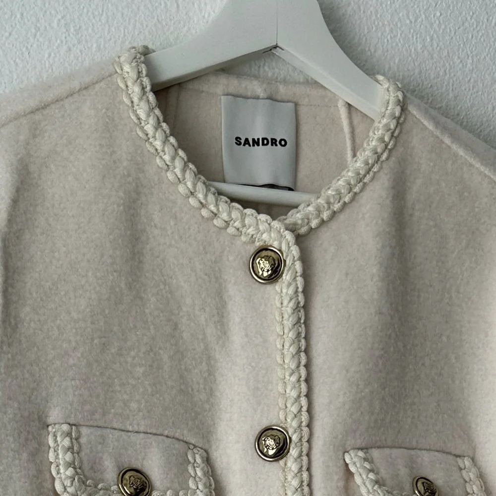 Sandro Cream Preppy Coat with Braided Trim - Picture 11 of 11